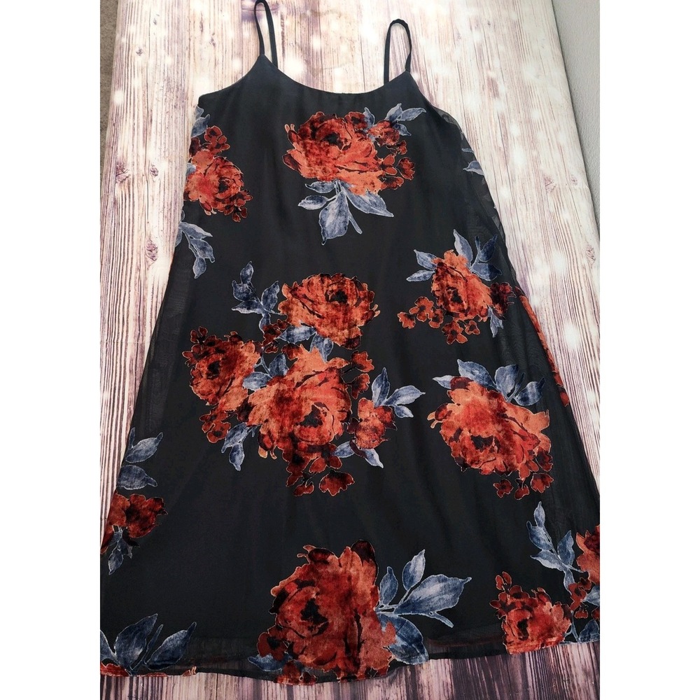 Vintage Y2K Velvet Burnout Slip Dress‎ M Black Floral Sheer Whimisgoth Fairycore